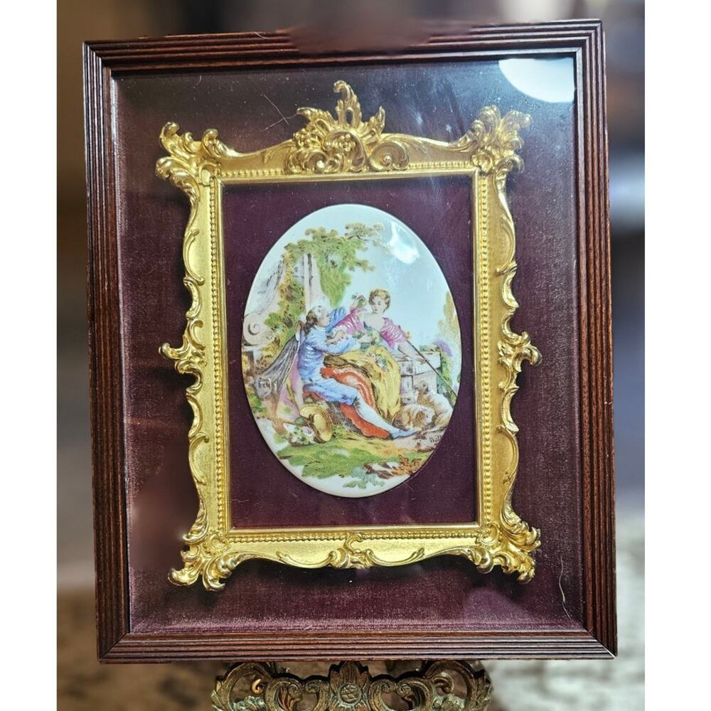 Vintage French Limoges Porcelain Plaque, Fragonard Courting Couple, Gilt Frame